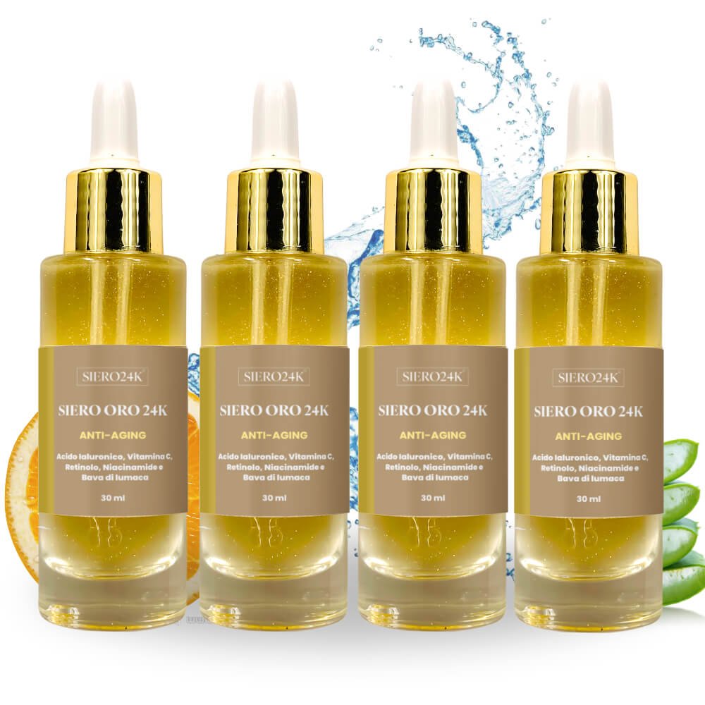 Siero Oro 24K© con Acido Ialuronico, Vitamina C, Retinolo, Niacinamide e Bava di Lumaca - 4x30 ml - Siero24K©